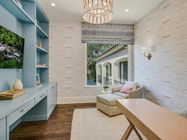 1614 Bruton Springs Rd, Austin, TX 78733 - living area featuring dark wood-style flooring, baseboards, a chandelier, and recessed lighting
