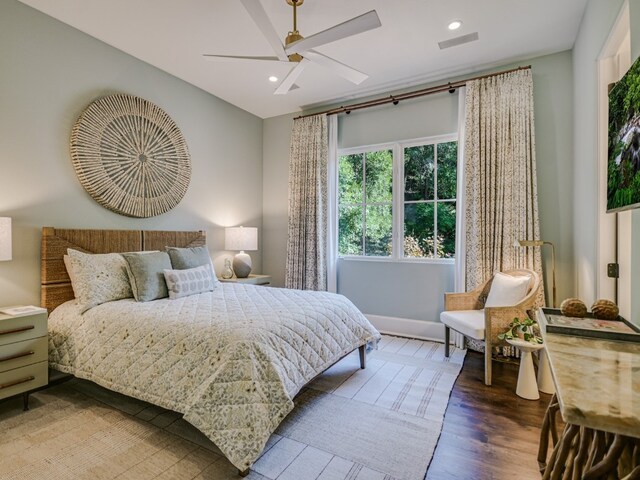 1614 Bruton Springs Rd, Austin, TX 78733 - bedroom featuring wood finished floors, recessed lighting, ceiling fan, and baseboards