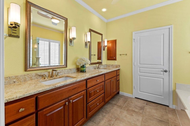 108 Silver Bonnet Dr, Georgetown, TX 78633 - bathroom featuring crown molding, double vanity, a tub, and tile patterned flooring