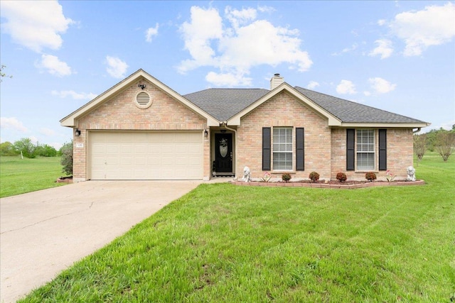 125 Fairway Ct, Bastrop, TX 78602 - single story home featuring driveway, a garage, a front lawn, and a chimney