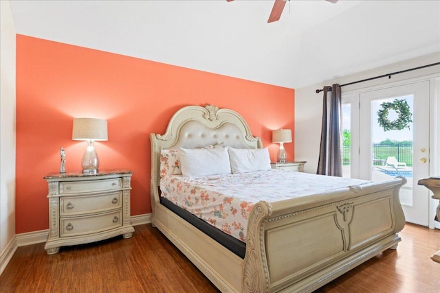125 Fairway Ct, Bastrop, TX 78602 - bedroom featuring access to outside, wood finished floors, and ceiling fan