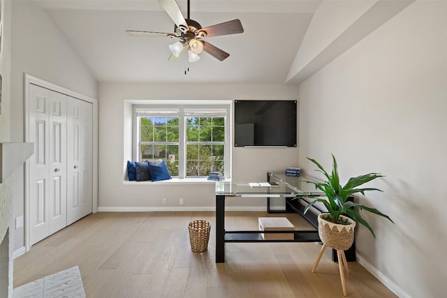 611 Ladin Ln, Lakeway, TX 78734 - home office featuring lofted ceiling, wood finished floors, and ceiling fan