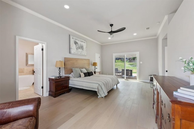 611 Ladin Ln, Lakeway, TX 78734 - bedroom featuring access to outside, light wood-style flooring, recessed lighting, ornamental molding, and ensuite bathroom