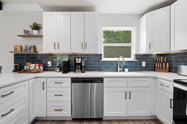12635 Live Oak Ln, Buda, TX 78610 - kitchen featuring appliances with stainless steel finishes, a sink, open shelves, white cabinets, and backsplash