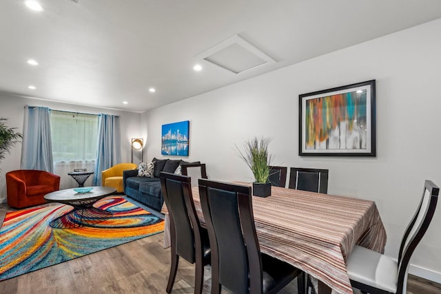 12635 Live Oak Ln, Buda, TX 78610 - dining room with wood finished floors, recessed lighting, and attic access