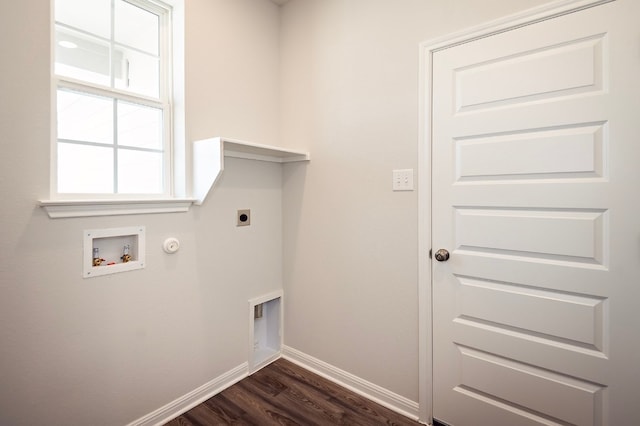 205 Escape Way, Jarrell, TX 76537 - laundry room with gas dryer hookup, electric dryer hookup, washer hookup, dark wood-style floors, and baseboards