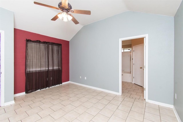 7201 Pappus Ct, Temple, TX 76502 - empty room with vaulted ceiling, ceiling fan, and light tile patterned floors
