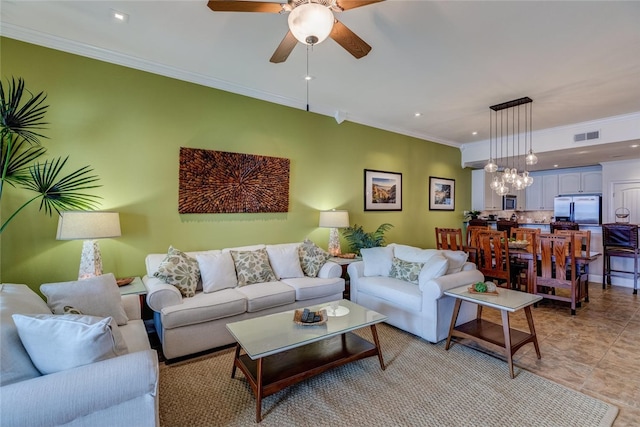 1001 The Cape Rd Unit 32, Horseshoe Bay, TX 78657 - living area with ornamental molding, ceiling fan, a chandelier, recessed lighting, and light tile patterned flooring