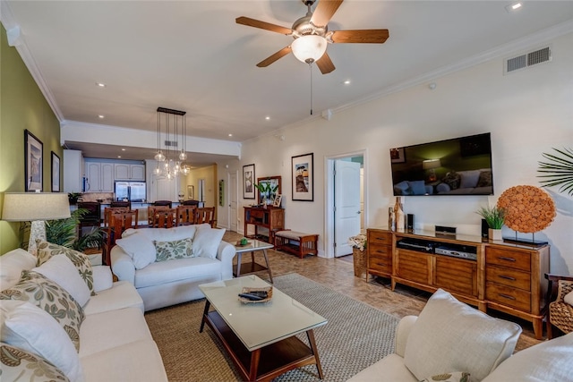 1001 The Cape Rd Unit 32, Horseshoe Bay, TX 78657 - living area featuring ornamental molding, a ceiling fan, and recessed lighting