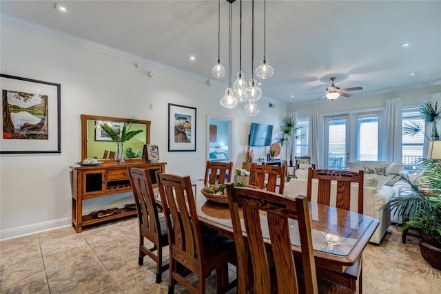 1001 The Cape Rd Unit 32, Horseshoe Bay, TX 78657 - dining room with ornamental molding, a ceiling fan, recessed lighting, and light tile patterned floors