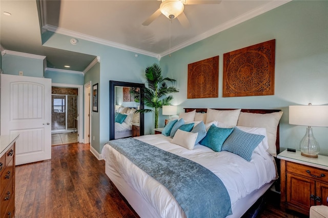 1001 The Cape Rd Unit 32, Horseshoe Bay, TX 78657 - bedroom with dark wood finished floors, ornamental molding, and ceiling fan