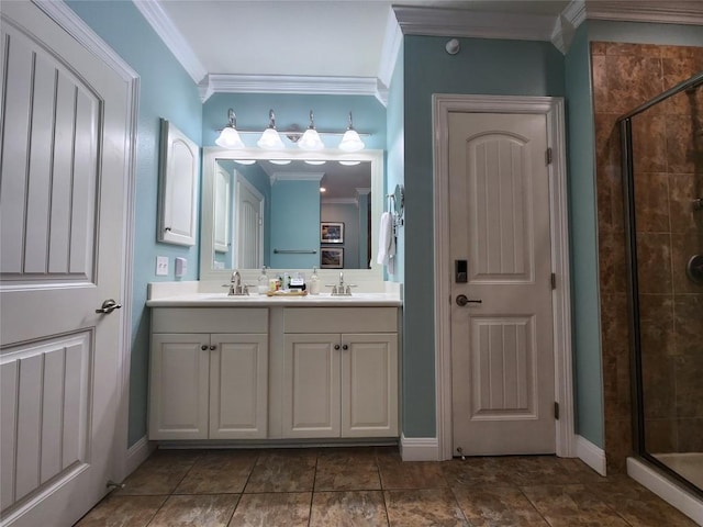 1001 The Cape Rd Unit 32, Horseshoe Bay, TX 78657 - full bathroom with crown molding, double vanity, and a shower stall