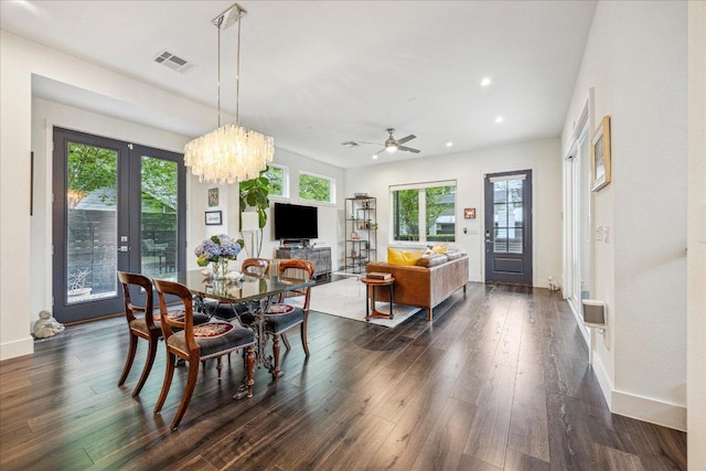 1303 Harriet Ct Unit A, Austin, TX 78756 - dining room featuring a chandelier, dark wood-style floors, recessed lighting, baseboards, and ceiling fan