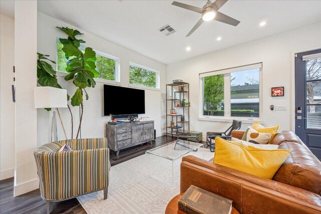 1303 Harriet Ct Unit A, Austin, TX 78756 - living room with wood finished floors, recessed lighting, ceiling fan, and baseboards