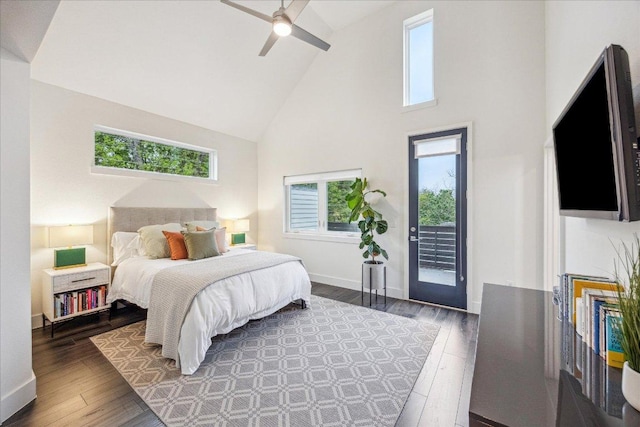1303 Harriet Ct Unit A, Austin, TX 78756 - bedroom featuring high vaulted ceiling, wood finished floors, baseboards, access to exterior, and ceiling fan
