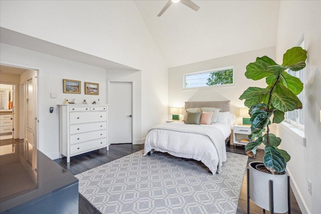 1303 Harriet Ct Unit A, Austin, TX 78756 - bedroom featuring wood finished floors, baseboards, a ceiling fan, and high vaulted ceiling