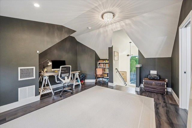 1303 Harriet Ct Unit A, Austin, TX 78756 - bedroom featuring wood finished floors, an office area, lofted ceiling, and recessed lighting
