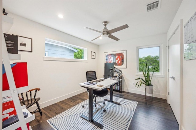 1303 Harriet Ct Unit A, Austin, TX 78756 - home office featuring a ceiling fan, wood finished floors, baseboards, and recessed lighting