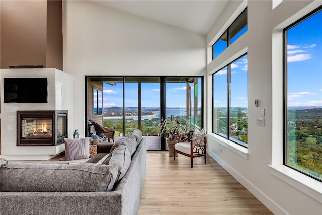 8612 Tip Top Dr Unit 2, Jonestown, TX 78645 - living room with high vaulted ceiling, a glass covered fireplace, light wood-type flooring, and baseboards