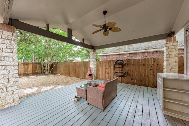 12203 Arrowwood Dr, Austin, TX 78727 - wooden deck with a fenced backyard and ceiling fan