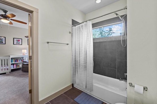 1907 E 20th St, Austin, TX 78722 - full bath featuring shower / bath combo with shower curtain, ceiling fan, and tile patterned flooring