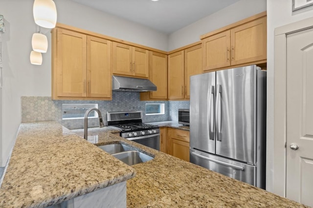 1907 E 20th St, Austin, TX 78722 - kitchen with stainless steel appliances, under cabinet range hood, light stone counters, and tasteful backsplash