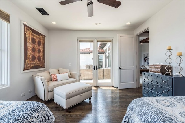 1300 Apache Tears, Horseshoe Bay, TX 78657 - bedroom featuring access to exterior, dark wood-style floors, french doors, recessed lighting, and ceiling fan