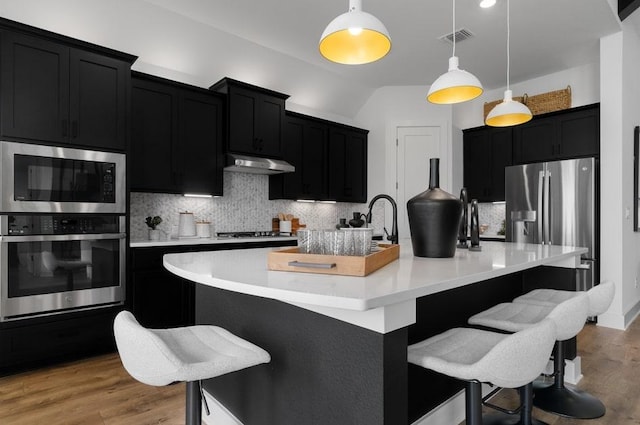 20502 Ed Townes Ter, Manor, TX 78653 - kitchen with dark cabinetry, under cabinet range hood, appliances with stainless steel finishes, and tasteful backsplash