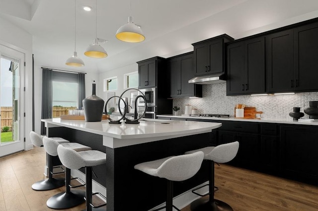 20502 Ed Townes Ter, Manor, TX 78653 - kitchen with dark cabinets, light countertops, decorative backsplash, and a kitchen breakfast bar