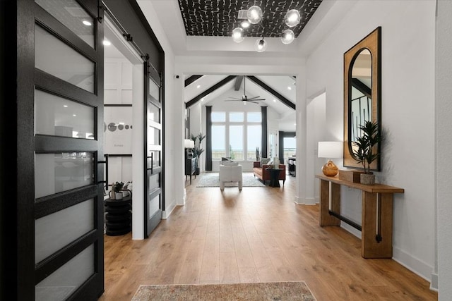 20502 Ed Townes Ter, Manor, TX 78653 - entrance foyer with a barn door, ceiling fan, light wood finished floors, and a chandelier