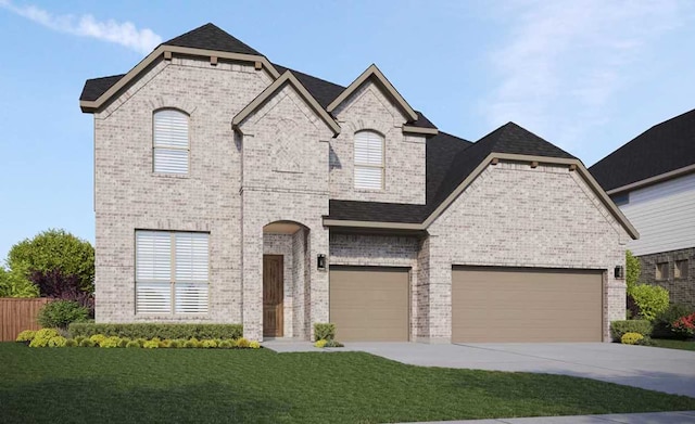 french country inspired facade with fence, driveway, a front lawn, and brick siding