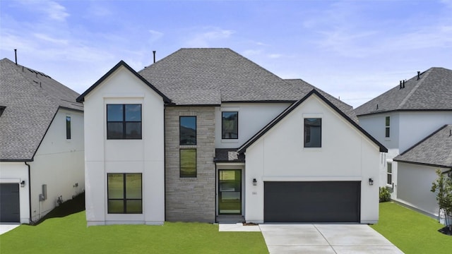 5513 Olimpico Way, Leander, TX 78641 - view of front of house featuring stucco siding, a shingled roof, stone siding, and a front yard
