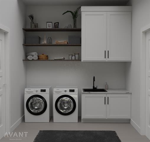 400 Shale, Horseshoe Bay, TX 78657 - clothes washing area featuring a sink, baseboards, cabinet space, and washing machine and dryer