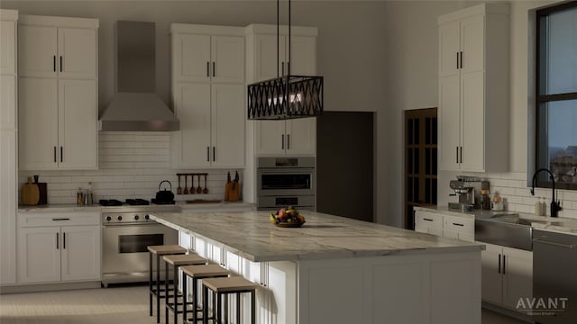 400 Shale, Horseshoe Bay, TX 78657 - kitchen with appliances with stainless steel finishes, wall chimney range hood, a sink, a kitchen island, and backsplash