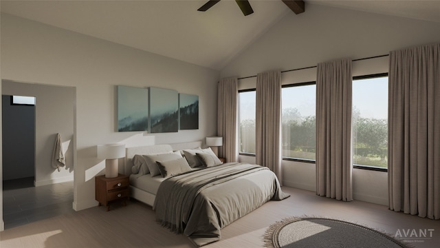 400 Shale, Horseshoe Bay, TX 78657 - bedroom with beamed ceiling, high vaulted ceiling, baseboards, and a ceiling fan