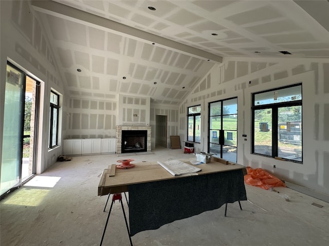 400 Shale, Horseshoe Bay, TX 78657 - living room with a stone fireplace and high vaulted ceiling