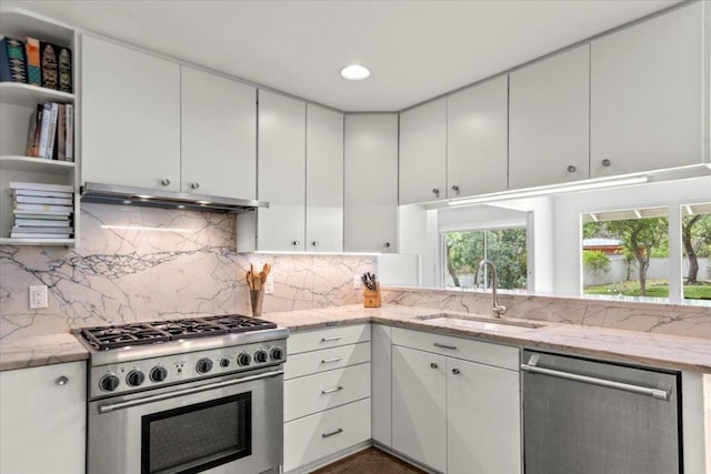 3106 Maywood Ave, Austin, TX 78703 - kitchen featuring stainless steel appliances, a sink, under cabinet range hood, and white cabinets
