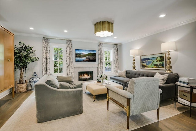 1710 Mccall Rd, Austin, TX 78703 - living area featuring wood finished floors, ornamental molding, recessed lighting, and a warm lit fireplace