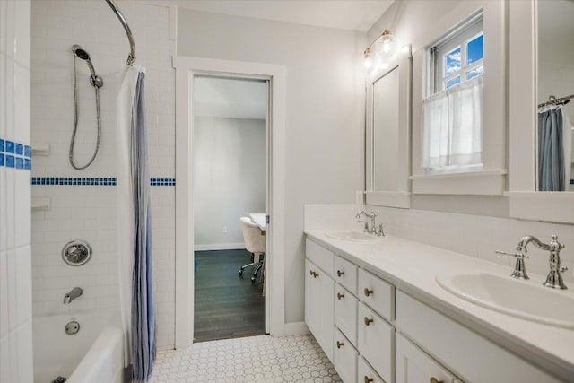 1710 Mccall Rd, Austin, TX 78703 - bathroom with double vanity, shower / bath combo, and tile patterned flooring