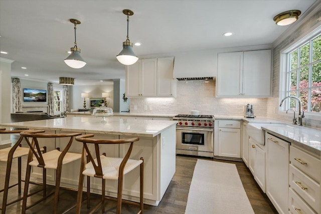 1710 Mccall Rd, Austin, TX 78703 - kitchen with luxury range, light stone counters, tasteful backsplash, white cabinets, and recessed lighting