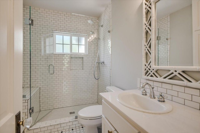 1710 Mccall Rd, Austin, TX 78703 - full bath featuring a stall shower, vanity, tile patterned floors, and decorative backsplash