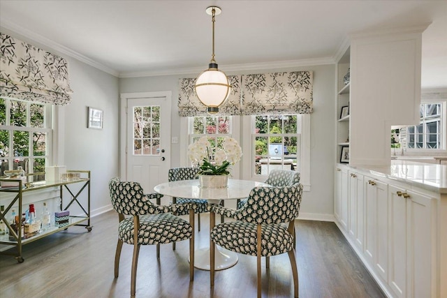 1710 Mccall Rd, Austin, TX 78703 - dining space with dark wood-style floors, plenty of natural light, and crown molding