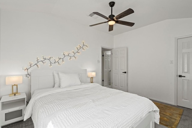 bedroom featuring carpet floors, a ceiling fan, and lofted ceiling