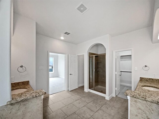 1985 Canyon Sage Path, Round Rock, TX 78665 - bathroom with vanity, a shower stall, a walk in closet, and recessed lighting
