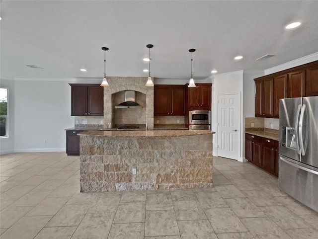 1985 Canyon Sage Path, Round Rock, TX 78665 - kitchen featuring appliances with stainless steel finishes, wall chimney exhaust hood, tasteful backsplash, ornamental molding, and recessed lighting