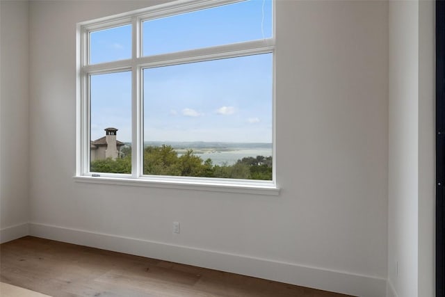 19538 Sandcastle Dr, Spicewood, TX 78669 - unfurnished room featuring a water view, light wood finished floors, and baseboards