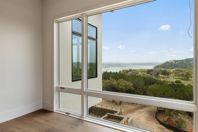 19538 Sandcastle Dr, Spicewood, TX 78669 - doorway to outside featuring a water view, baseboards, and wood finished floors