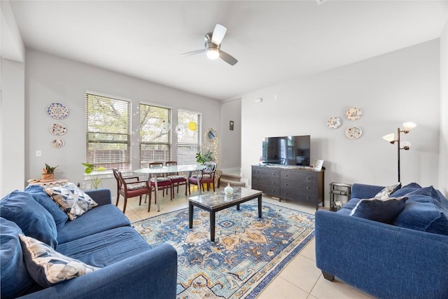 13001 Hymeadow Dr Unit 12, Austin, TX 78729 - living area featuring light tile patterned flooring and ceiling fan