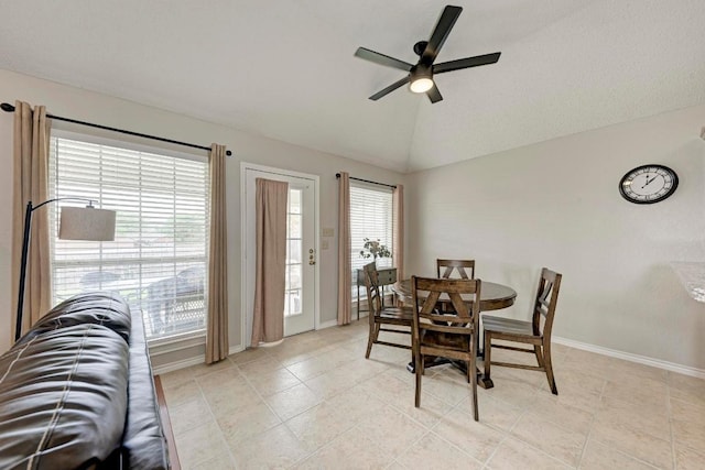 602 Totem Trl, Harker Heights, TX 76548 - dining area featuring ceiling fan, vaulted ceiling, and light tile patterned floors