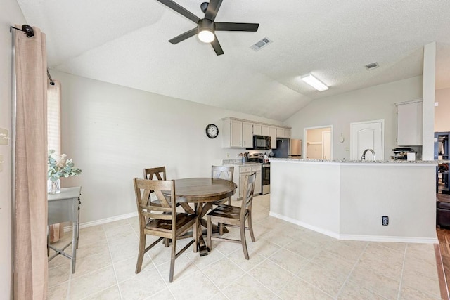 602 Totem Trl, Harker Heights, TX 76548 - dining space featuring vaulted ceiling, ceiling fan, light tile patterned floors, and a textured ceiling